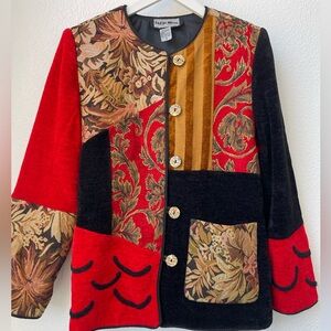 Vintage Indigo Moon Artsy Red Floral Embroidered Patchwork Jacket Blazer Small